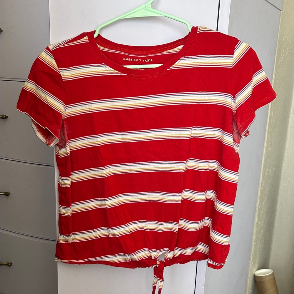 American Eagle Outfitters Red and Yellow Striped Tie-Front Tee